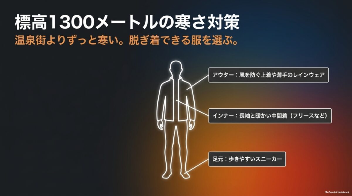 妙見岳周辺の紅葉観光に適した重ね着と靴を示す服装図
