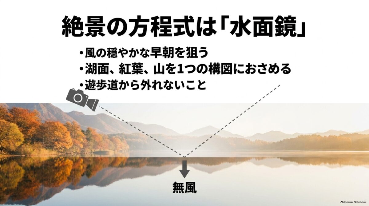 えびの高原で湖面に映る紅葉を撮影する水面鏡の撮影ポイント