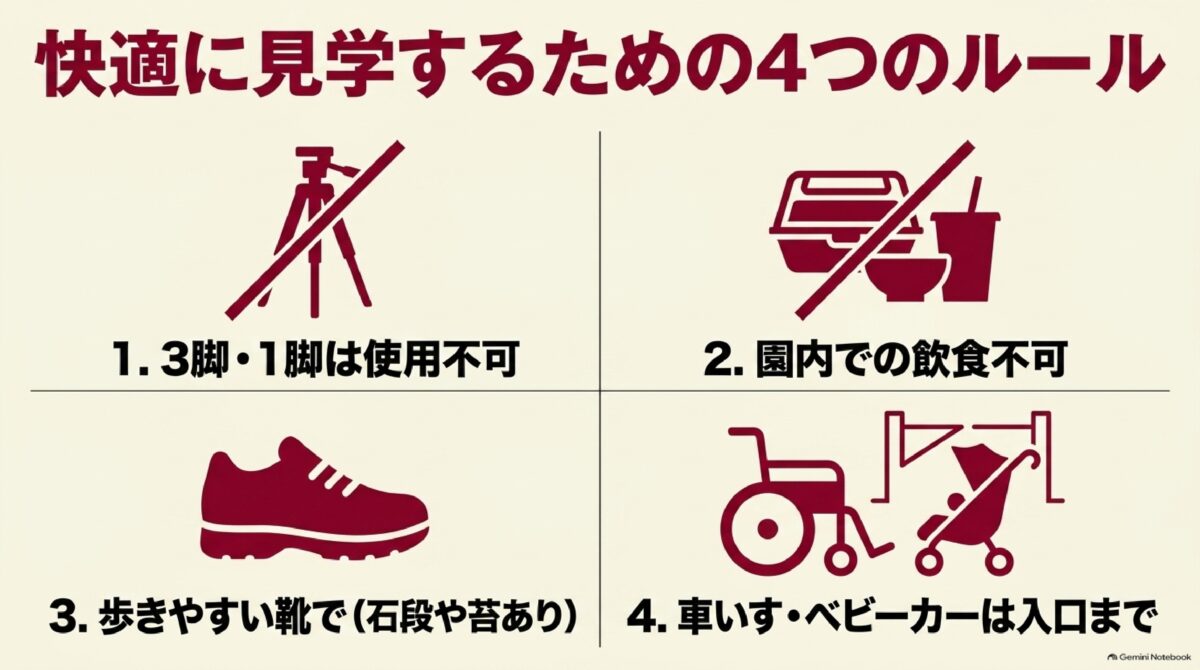 九年庵で三脚・飲食・靴・車いすに関する注意点を示す図
