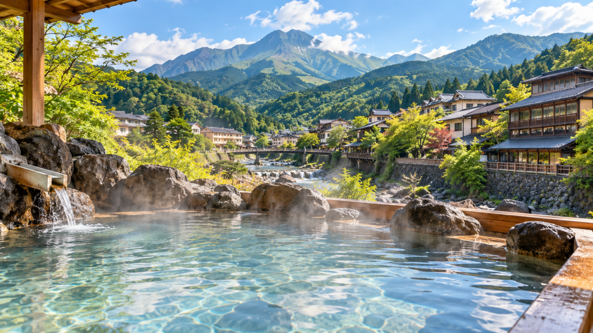 山と温泉街を一望する九州の露天温泉イメージ