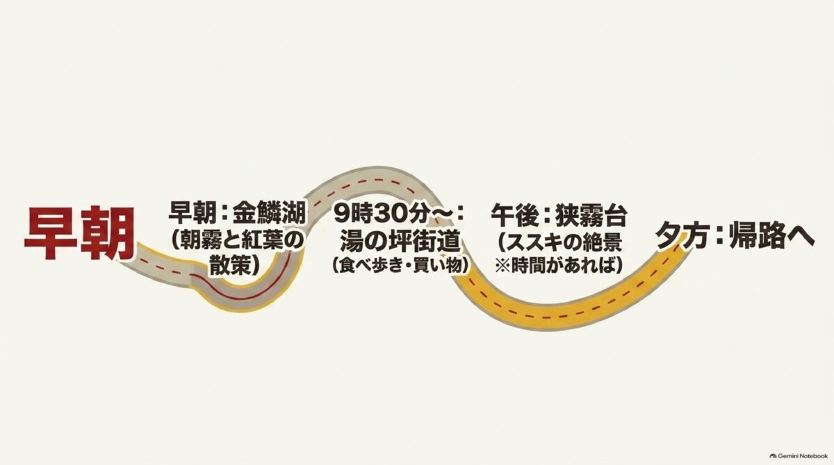 金鱗湖・湯の坪街道・狭霧台を巡る湯布院2日目ルート図