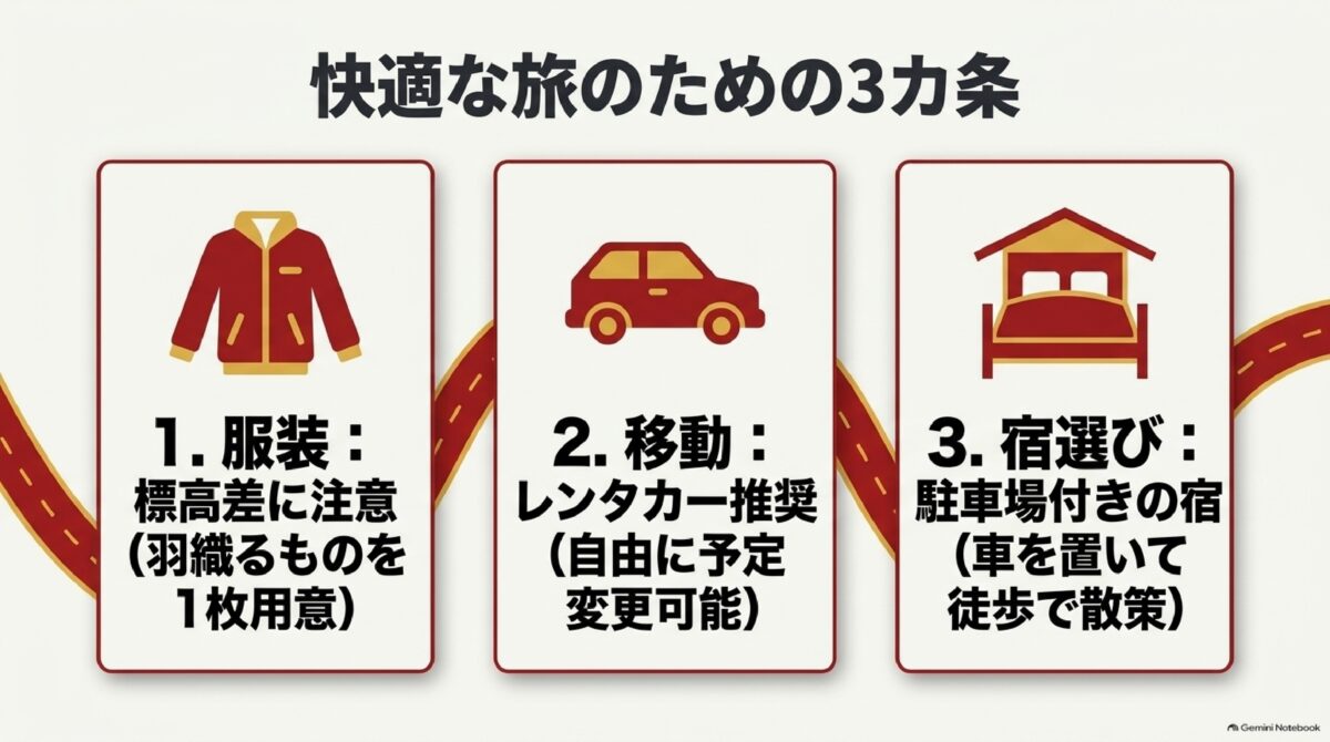 大分の秋を1泊2日でゆったり楽しむ紅葉ドライブのまとめ図