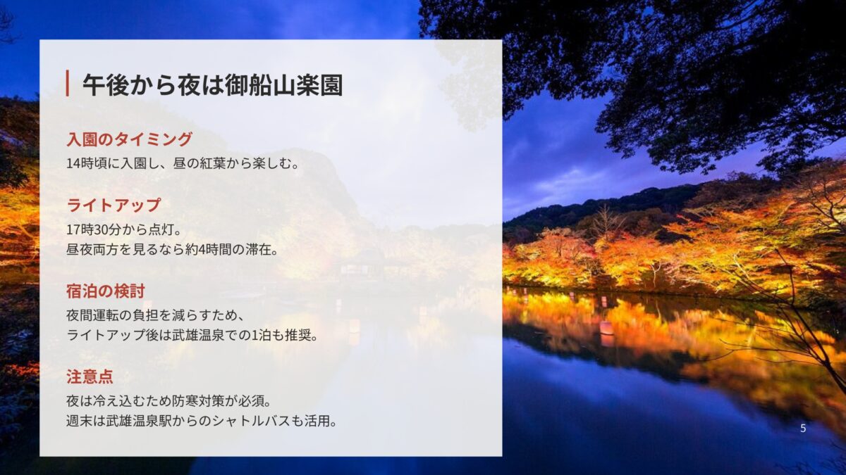 御船山楽園で昼の紅葉から夜のライトアップを楽しむ流れの図