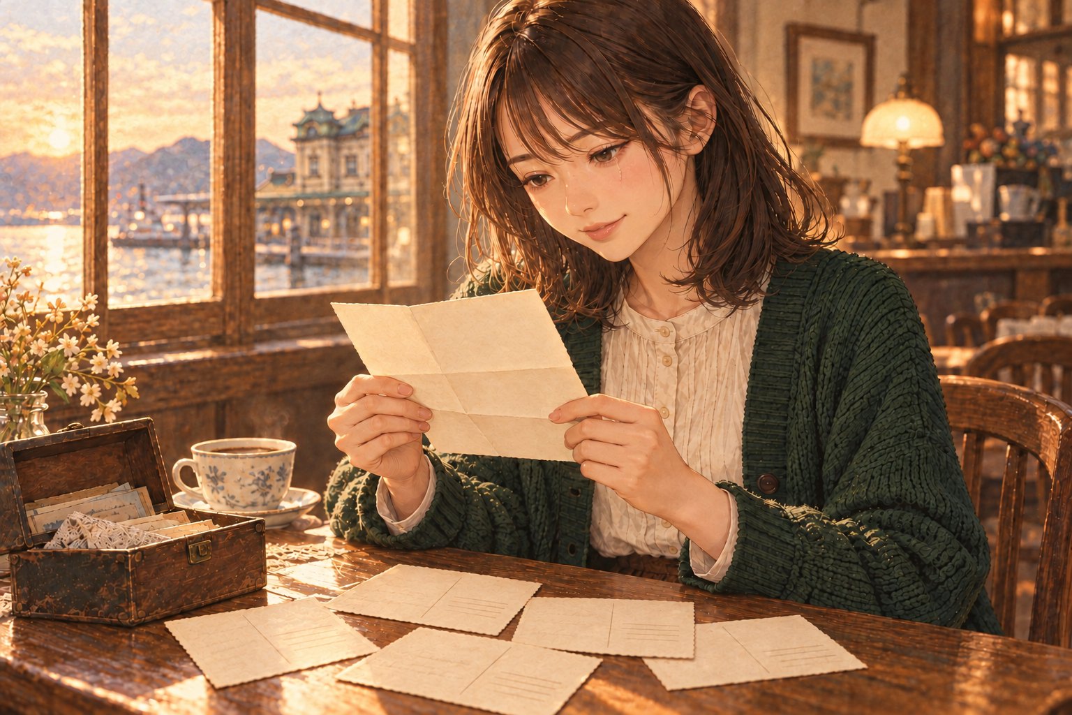 喫茶店で祖父の手紙を読み、涙ぐみながらほほえむ主人公