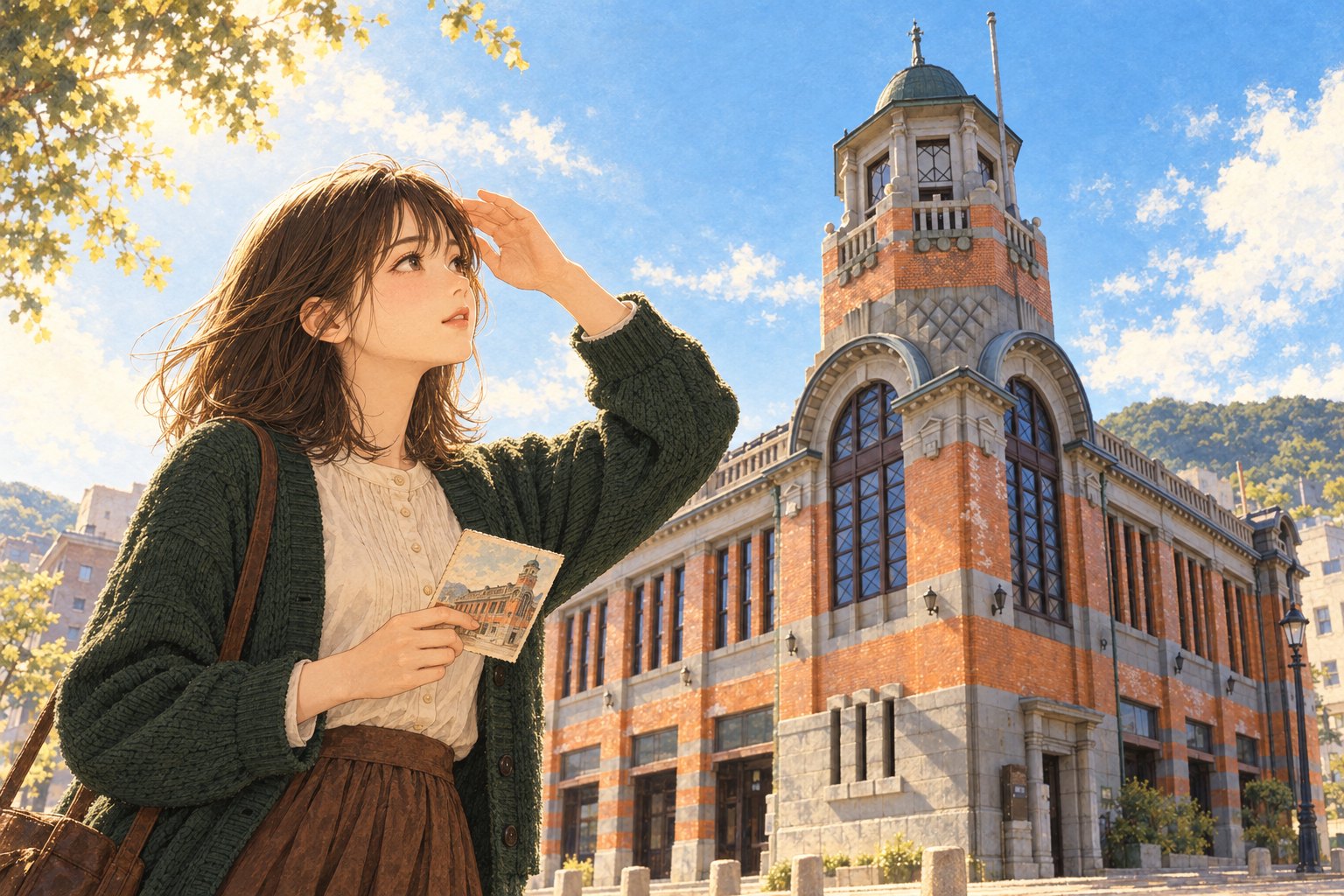 旧大阪商船の八角塔を見上げる主人公