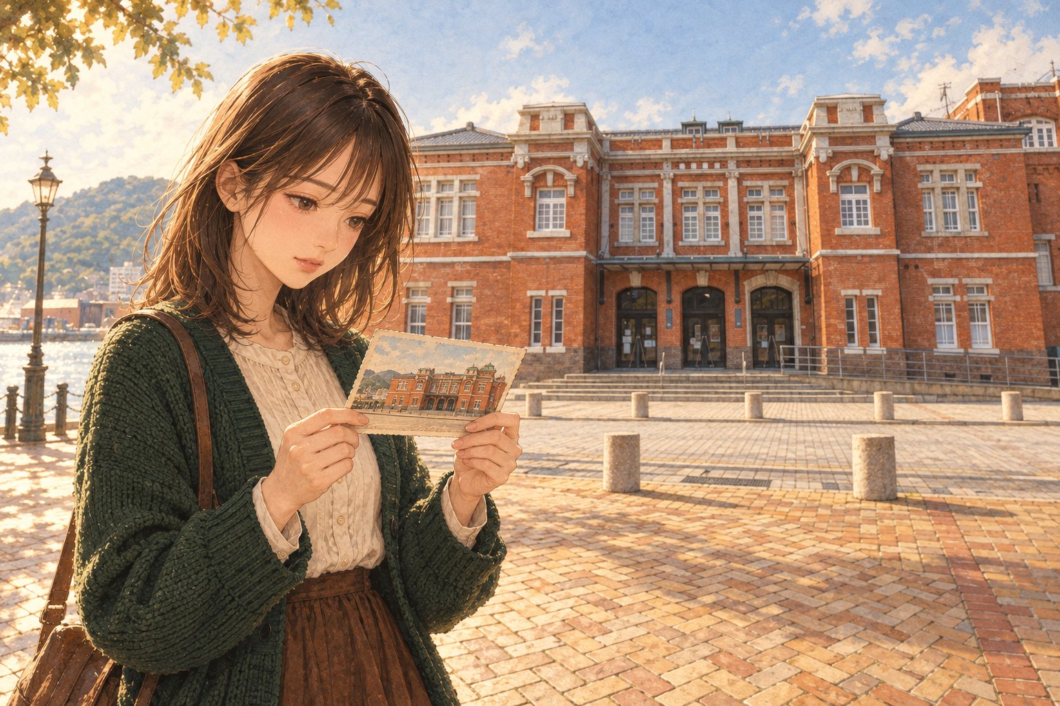 旧門司税関を前に、手元の絵はがきを確かめる主人公
