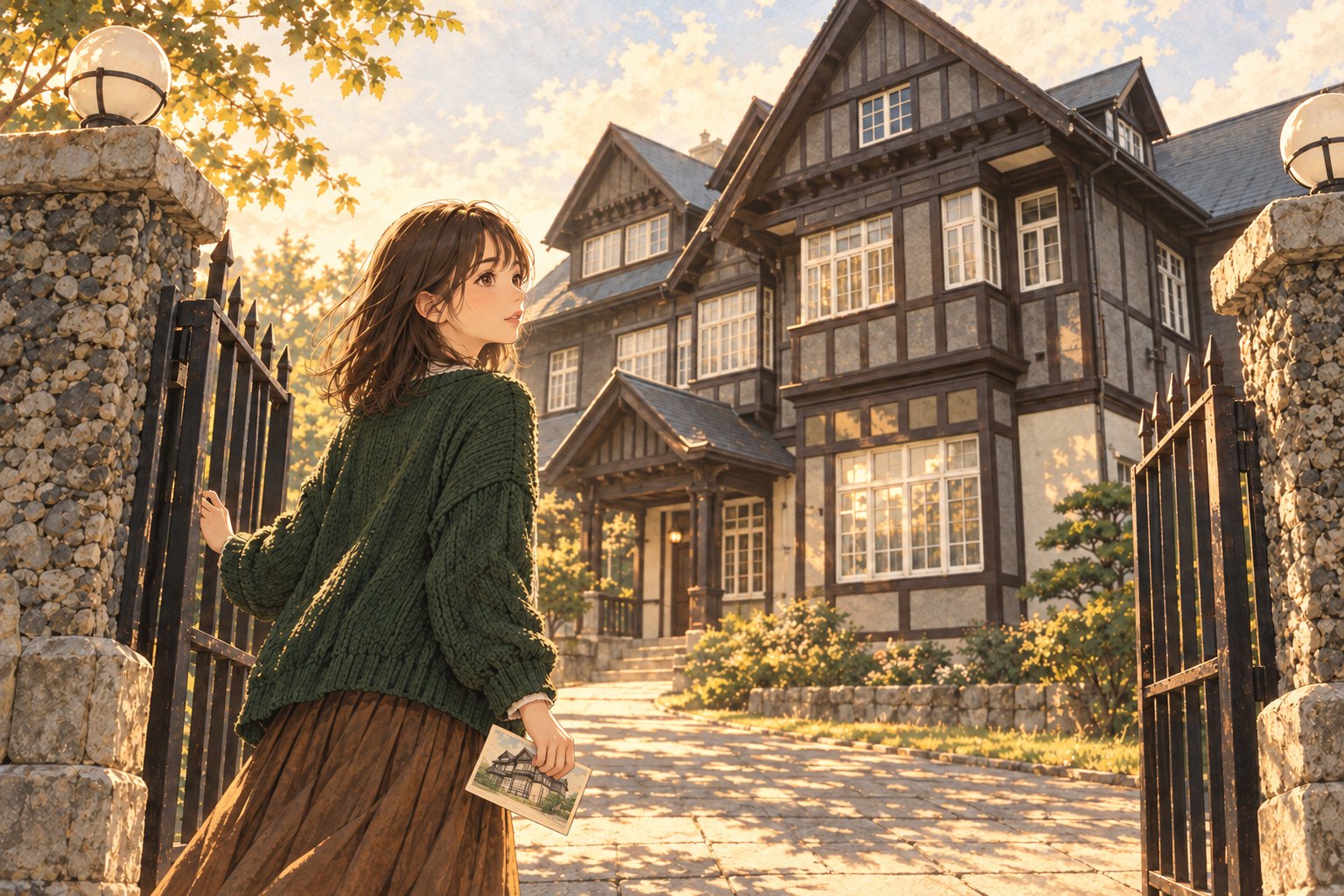 絵はがきを手に、旧門司三井倶楽部の門を通る主人公
